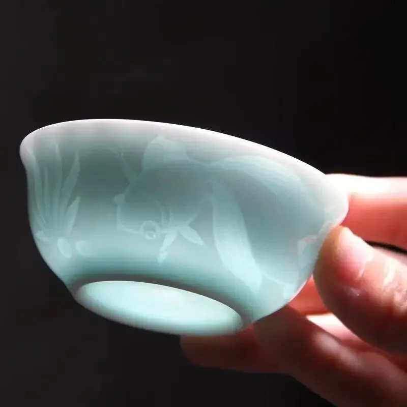 New China Kungfu Teacups Shadow Green/Azure Plum Orchid Bamboo Chrysanthemum Fish Ceramic Longquan Celadon Pu\'er Master Tea Cup