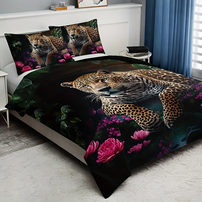 3pcs, Fashion Wild Animal Leopard Rose HD Digital Printing Home Bedding Set Three-piece Set, Soft Warm Throw Blanket Nap Blanket