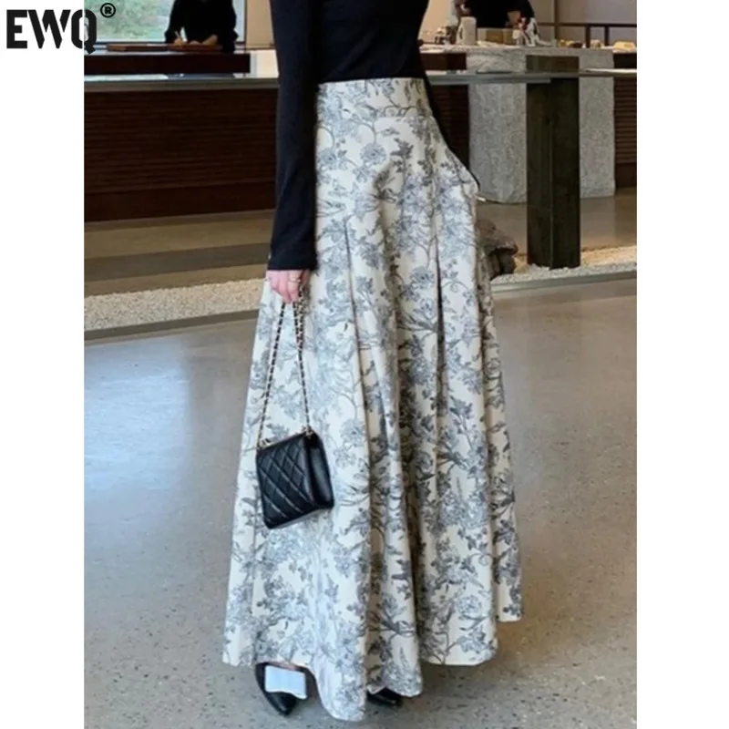 

[EWQ] Women Korean Chic Print A-line Maxi Skirt Zipper High Waist Mid-calf Skirts 2024 Spring Summer Contrast Color Mujer Faldas