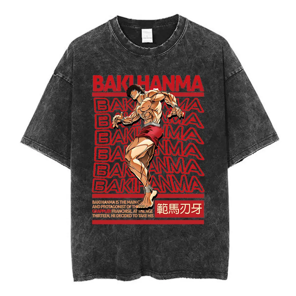 Vintage Washed T Shirt Anime Baki The Grappler T-shirt Hanma Yujiro Gym Short Sleeve T-shirts Oversized Cotton Casual Tee Shirt 2