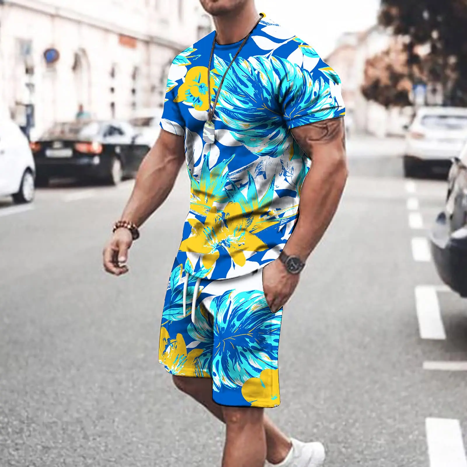 

Men Tracksuits Set Hawaii Short Sleeve T Shirt Shorts 2 Piece Sports Suit Summer Casual Man Clothing Fashion Outfits Streetwear