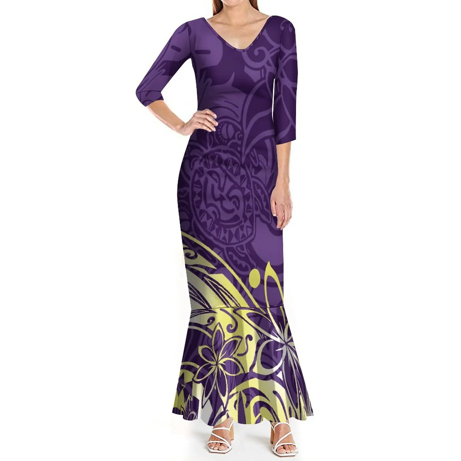 

Summer Mid-Sleeve Quality Fabric Floral Art Vintage Print Dress Polynesian Ladies Custom Dress Casual Temperament Long Dress