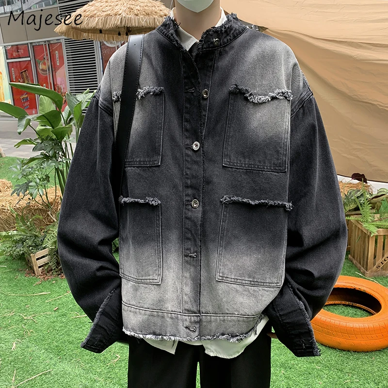 

Джинсовая куртка мужская на меху, свободная простая повседневная верхняя одежда с градиентом, универсальная модная винтажная верхняя одежда в стиле Хай-стрит, осень