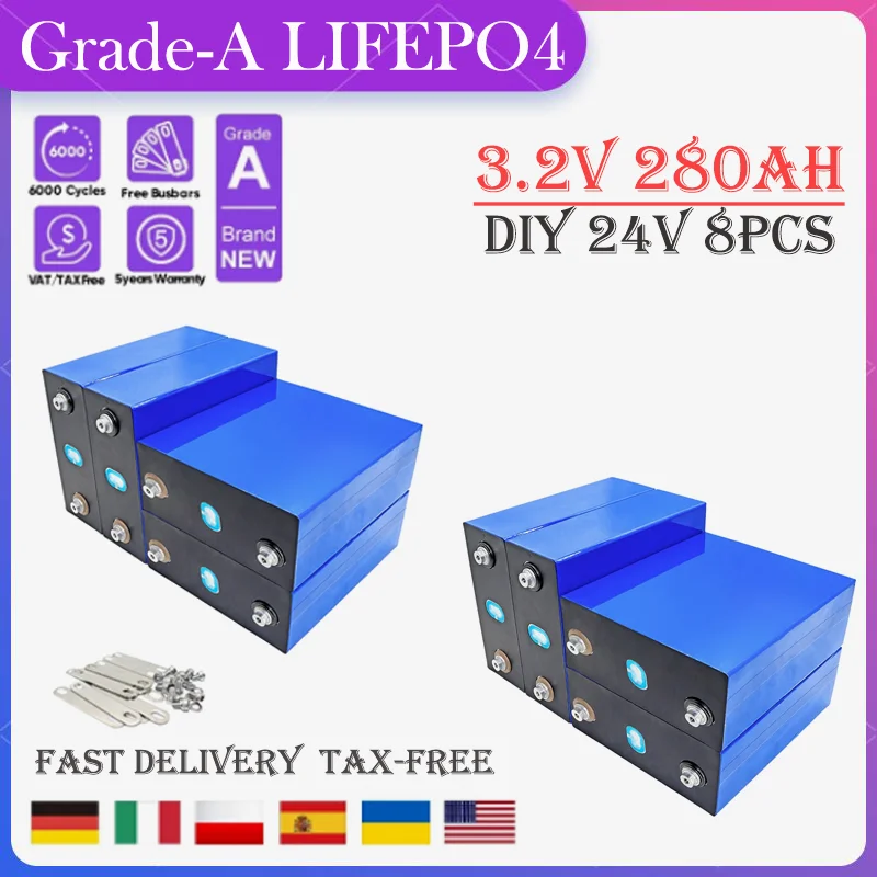 

8pcs Grade A 280ah Lifepo4 Cells 12v 24V 48V 3.2v 280ah Lifepo4 Prismatische Lithium Battery Solar Energy Storage Car Battery