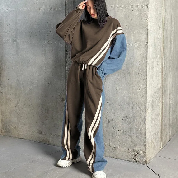 Description Picture 5 of itemGetSpring Women Pant Sets 2024 New Striped Patchwork Full Sleeve Pullover Sweatshirt Drawstring Loose Long Pant Two Pieces Sets