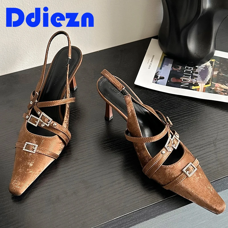 

Туфли-лодочки женские на высоком каблуке, модные сандалии с пряжкой, элегантная повседневная обувь, заостренный носок, лето