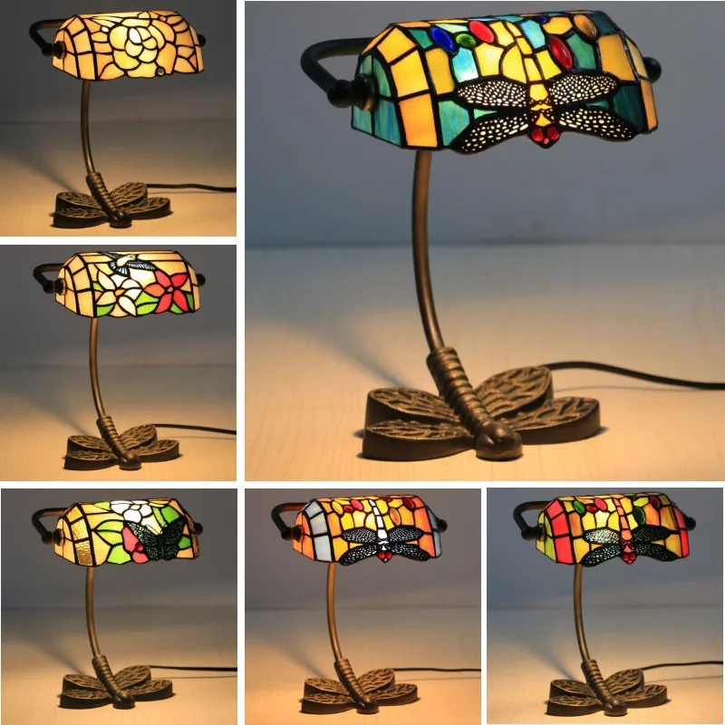 

Creative Vintage Dragonfly Tiffany Colored Glass Lamp Living Room Dining Room Bedroom Eye Protection Decoration Bank Table Lamp