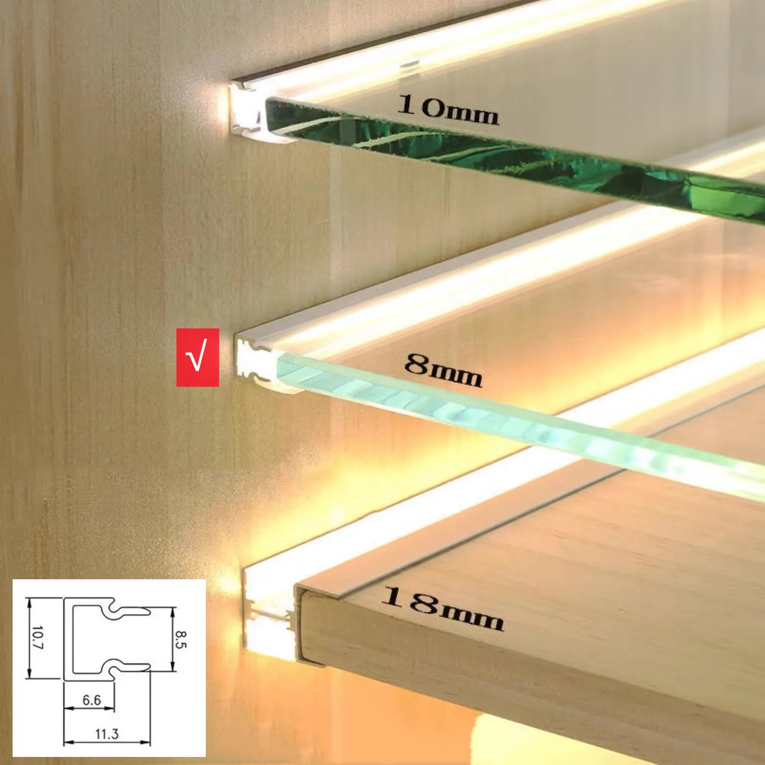 8MM Glass Panel Lights Aluminum Led Profile 0.5M/0.8M/1M Showcase Cupboard Cabinet Light Channel Laminated Hard Light Bar DC12V