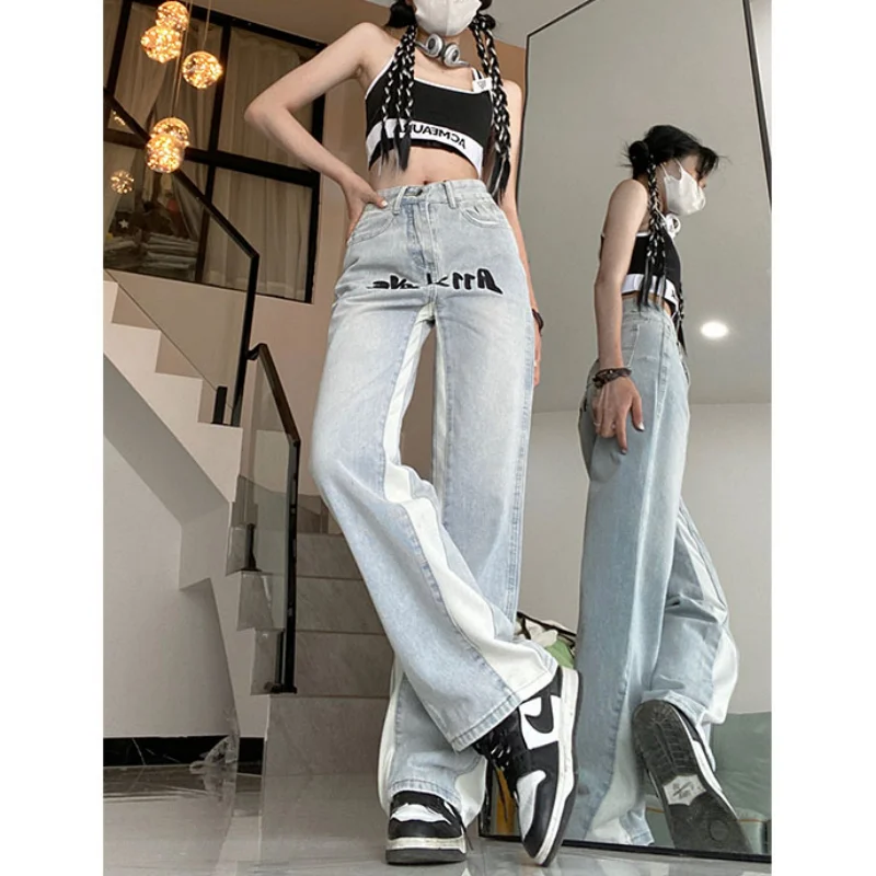 Американские винтажные вышитые джинсы Vibe Style женские зимние модные свободные прямые широкие брюки