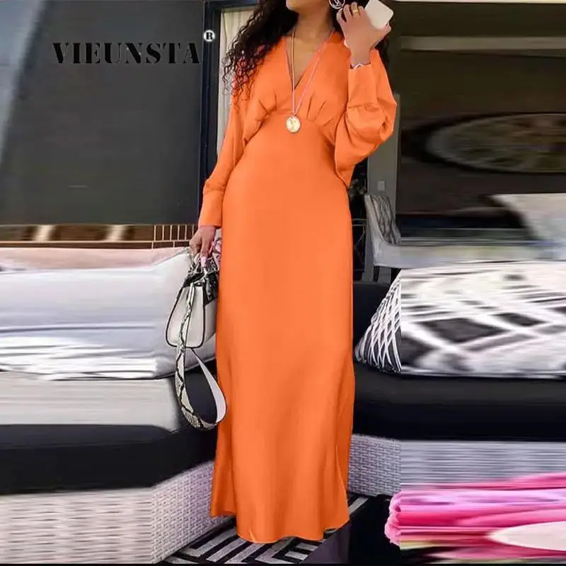 

Women Temperament Solid Color Long Sleeve Dress Lady Sexy Party Banquet Maxi Dress Autumn Fashion Pleat V-Neck High Waist Dress