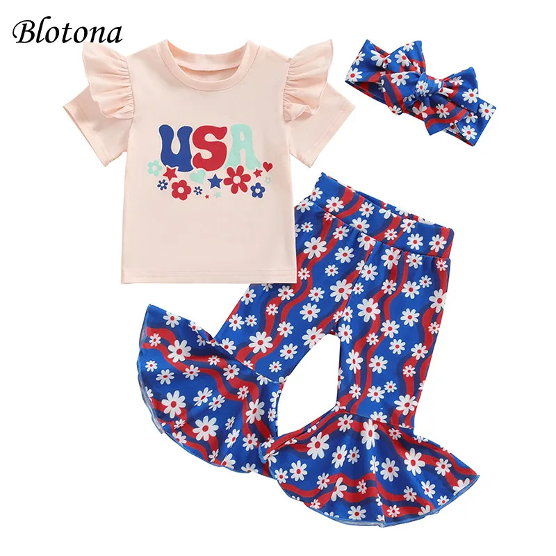 

Blotona Toddler Girl 4th of July Outfit Letter Print Short Sleeves T-Shirt with Flower Pattern Flared Pants Headband Set 6M-4Y