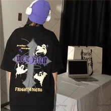  Y2K street Harajuku gothic dark devil print round T-shirt women's retro kawaii loose short-sleeved round neck top clothes men 