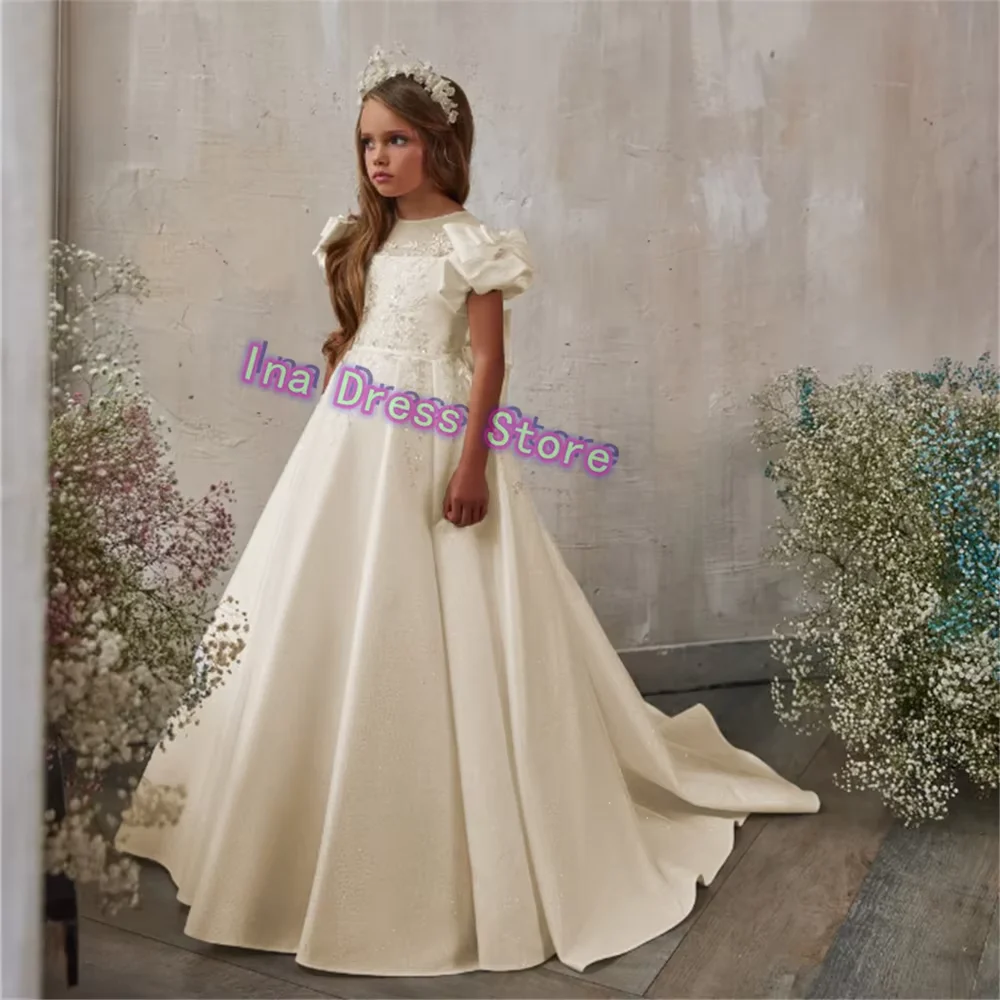 Satin Flower Girl Dress White Applique Lace for Wedding Neck Todder Puffy Princess Evening Party First Communion Ball Gown 6