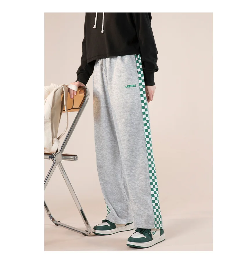 Patchwork Sweatpants Women Checkerboard Casual Pants Loose Straight Pants for Women Casual Drawstring Sweatpants Streetwear white capris