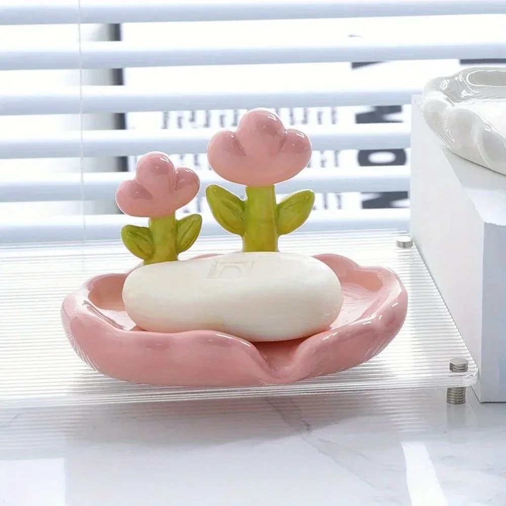 Floral Soap Box Flower Shaped Bathroom Decor Plastic Soap Holder with Drain Holes Portable Soap Dish for Sink Storage​