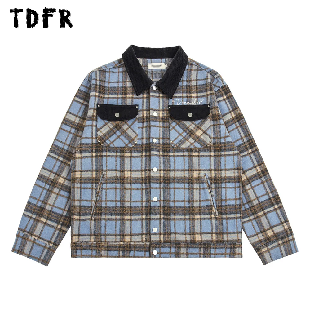 

Pocket Plaid Shirt Mens Autumn Letter Embroidery Casual Loose Single Breasted Long Sleeve Lapel Shirts Men