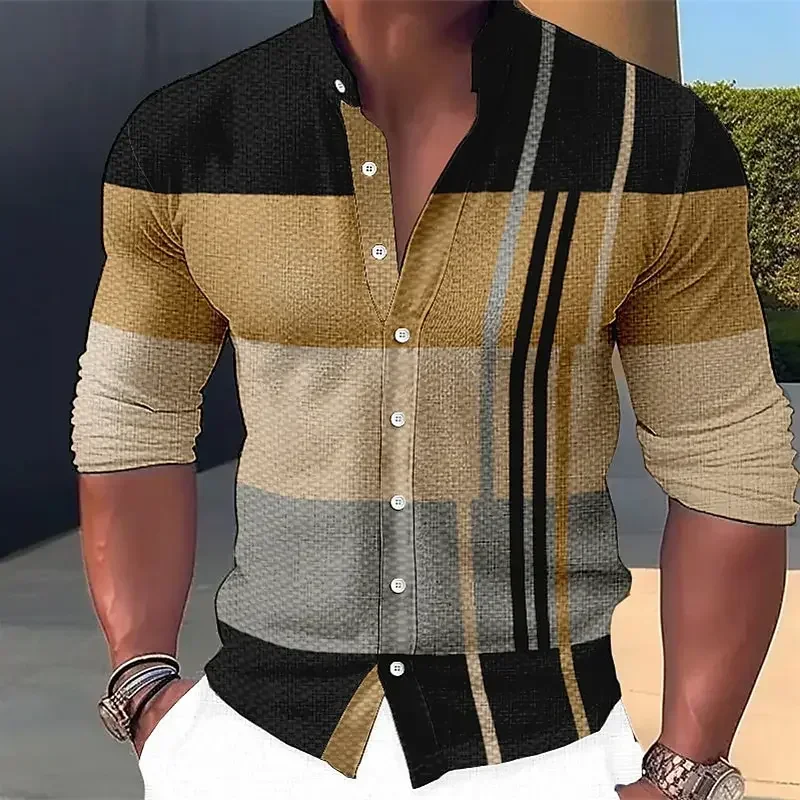 

New Men's Striped Print Stand Collar Long Sleeve Top Design Button Shirt Fashion Long Sleeve Shirt S-6XL