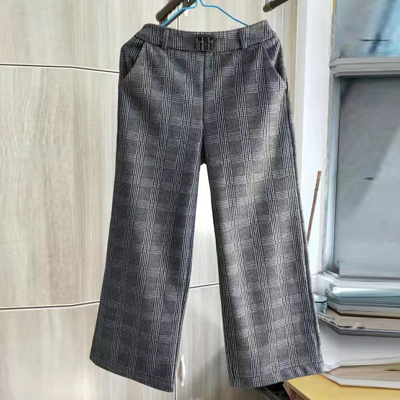 Vintage Stripe Woolden Wide Leg Pant Women Casual Oversized High Waist Pantalones Fall Winter Elastic Baggy Trousers Plus Size