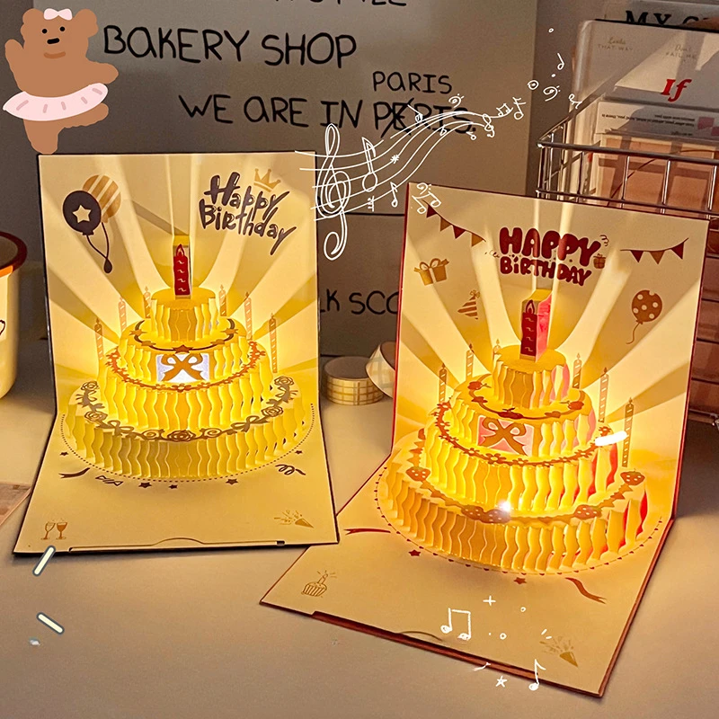 3D Pop Up Birthday Greeting Cards, Auto Play Music Warm LED Light Birthday Cake Card, Gifts For Mom Wife Sister Boy Girl Friends