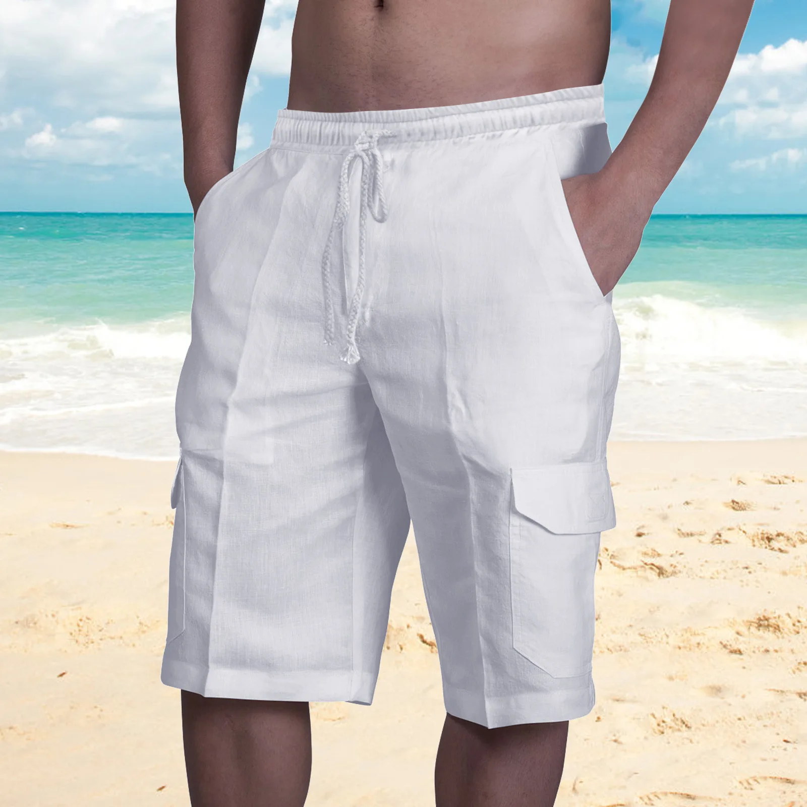 

2024 new cotton linen breathable sports shorts men's seaside beach pants
