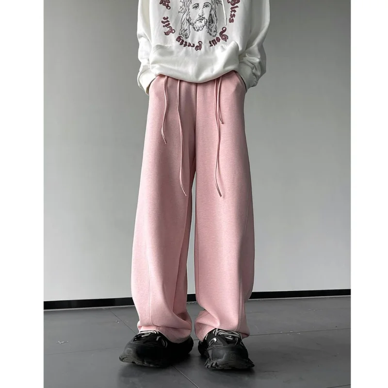 American High Street Straight Pants Trendy Fashion Autumn New Men's Solid Pocket Elastic Waist Drawstring Loose Sports Trousers