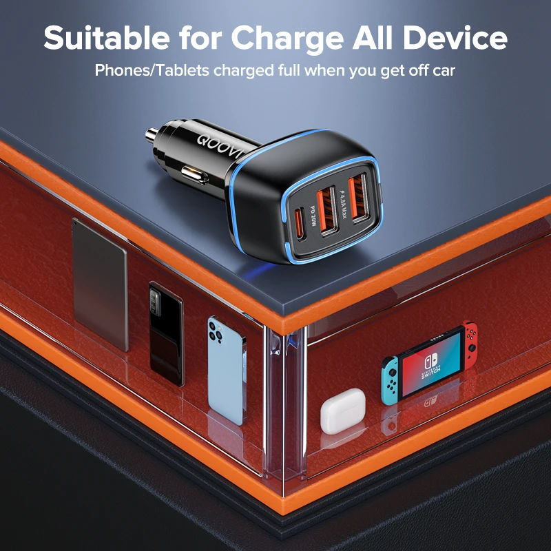 QOOVI شاحن سيارة 44 واط، 3 منافذ USB-C PD شحن سريع لهاتف iPhone وSamsung وXiaomi - Image 6