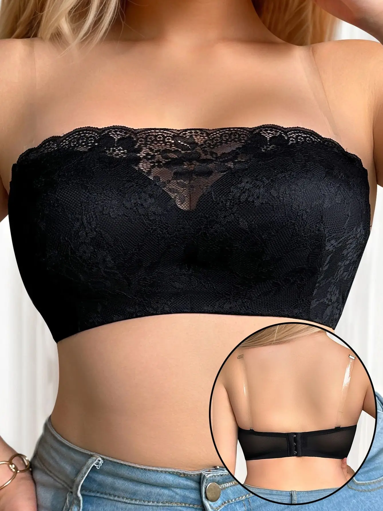 plus Size 2 in 1 Convertible Strapless Bra for Curvy Women Black Lace Wire-Free Bra with Removable Invisible Straps MR3502