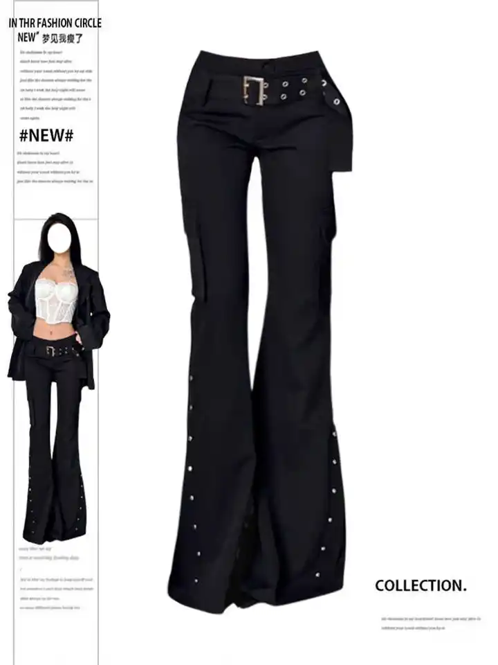 Women's Black Gothic Flare Pants Baggy Oversize Low Waist