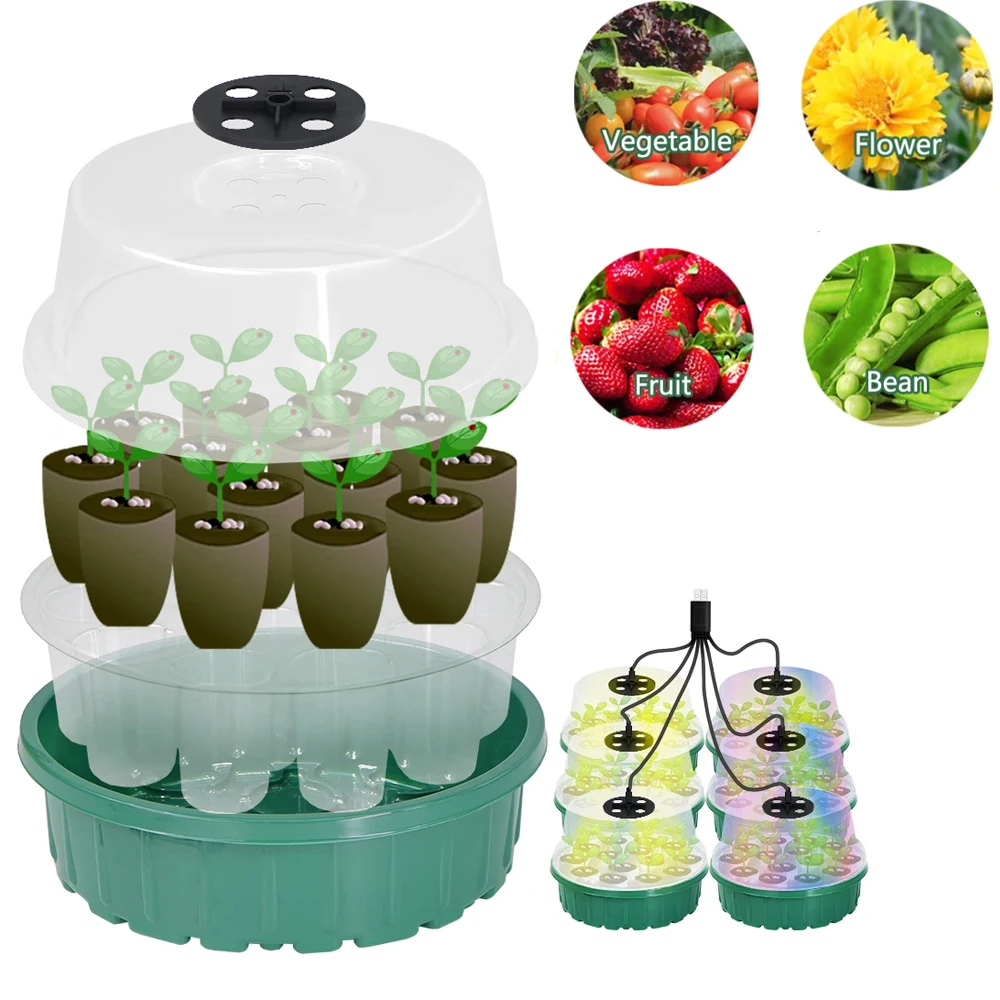 Greenhouse LED Lights Round Transparent Nursery Box kit 14 Cells Seedlings Germination Container A Growing Tool For Seedlings