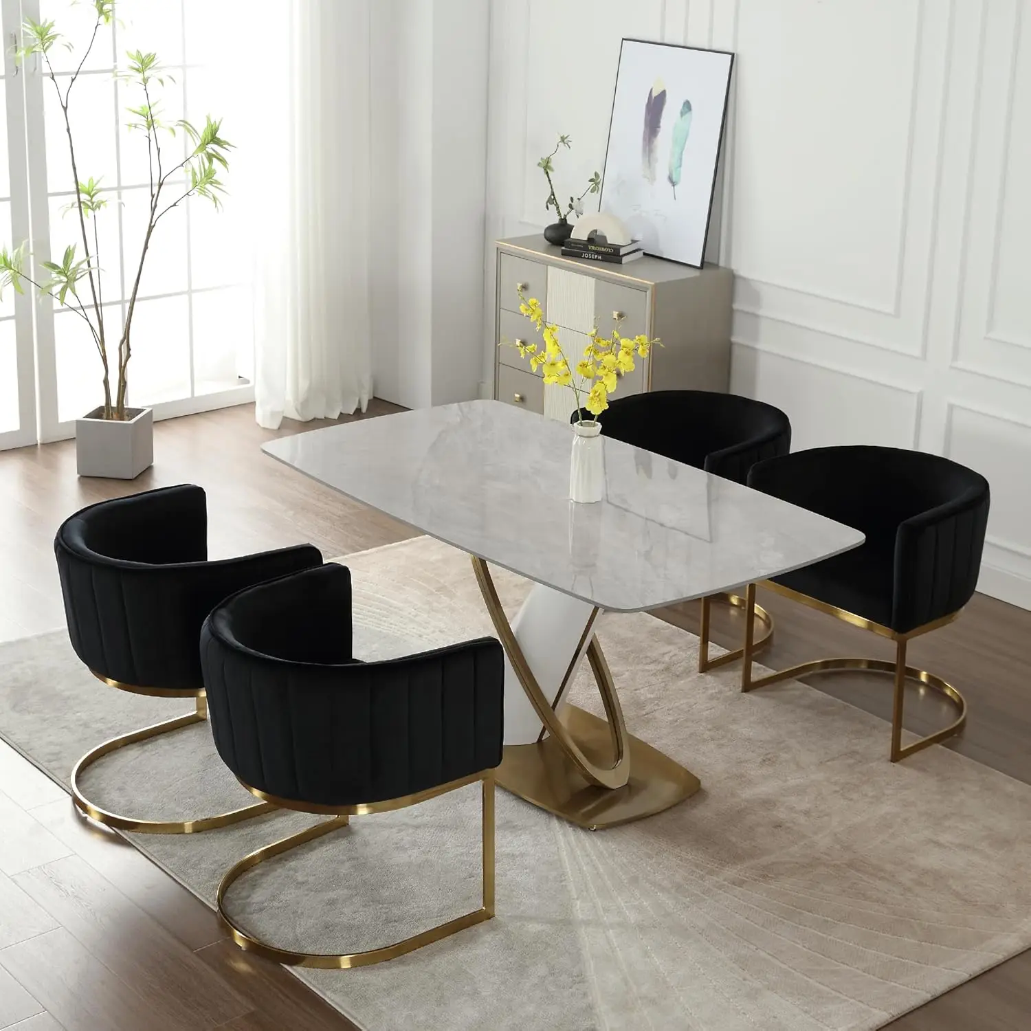 Comfy Dining Chairs Set of 4 Kitchen and Dining Room Chairs with Arms Mid Century Modern Chair with Gold Meta