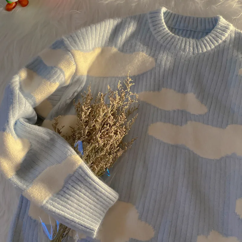 Winter Men O-Neck Oversized Knitwear Hip Hop Cloud Streetwear Korean Style Loose Warm Patchwork Pullover Knitwear Sweater A104
