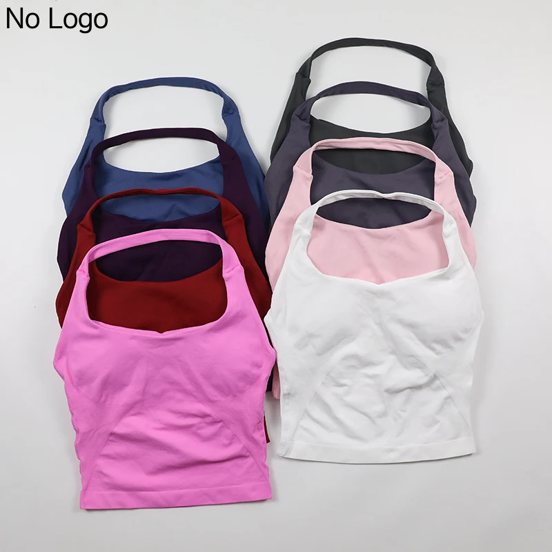 Seamless Halter Neck Yoga Tank Tops for Women Built-in Bra Padded Gym Top Sleeveless Shirt Fitted Backless Workout Clothes