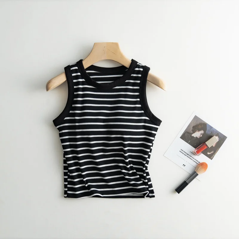 2024 Summer New Women's Tank Top Pajamas All Cotton with Chest Pads Tank Top with Stripe Sports Bottom Short Home Fur Ladies