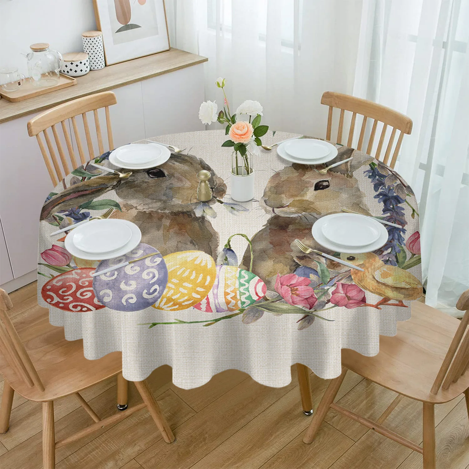 

Easter Bunny Egg Flower Round Table Cloth Festival Dining Waterproof Tablecloth Table Cover for Party Decor Coffee Picnic Mat