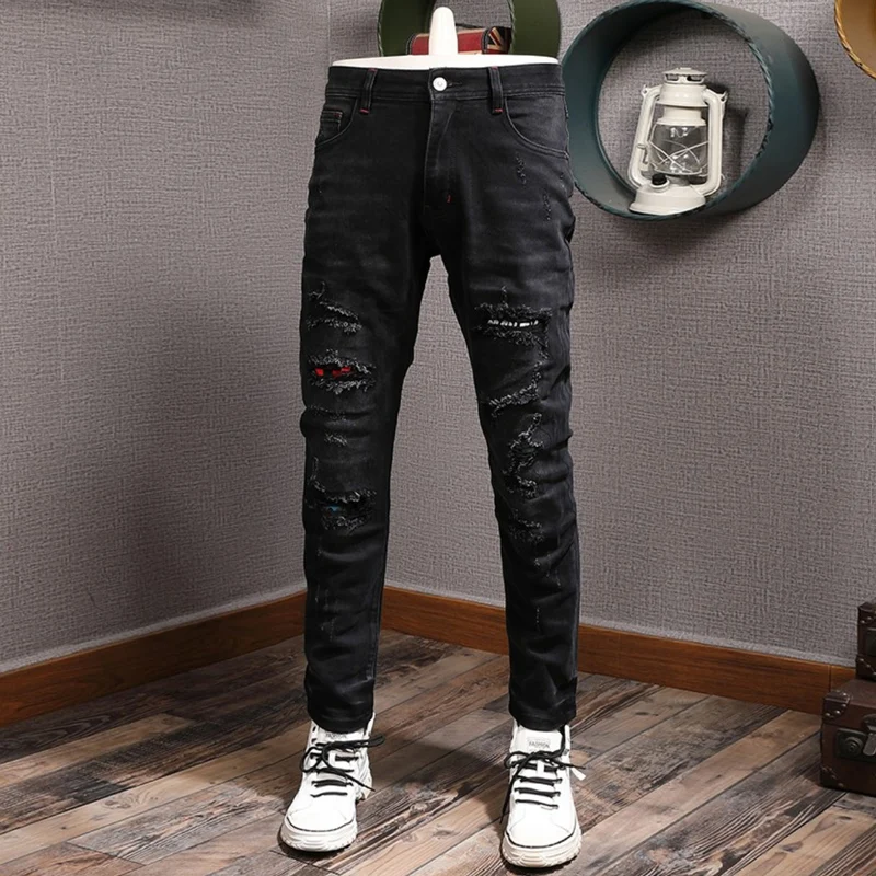 Streetwear Fashion Men Jeans Elastic Slim Fit Hole Ripped Jeans Men Vintage Black Trousers Patch Designer Hip Hop Pants Hombre