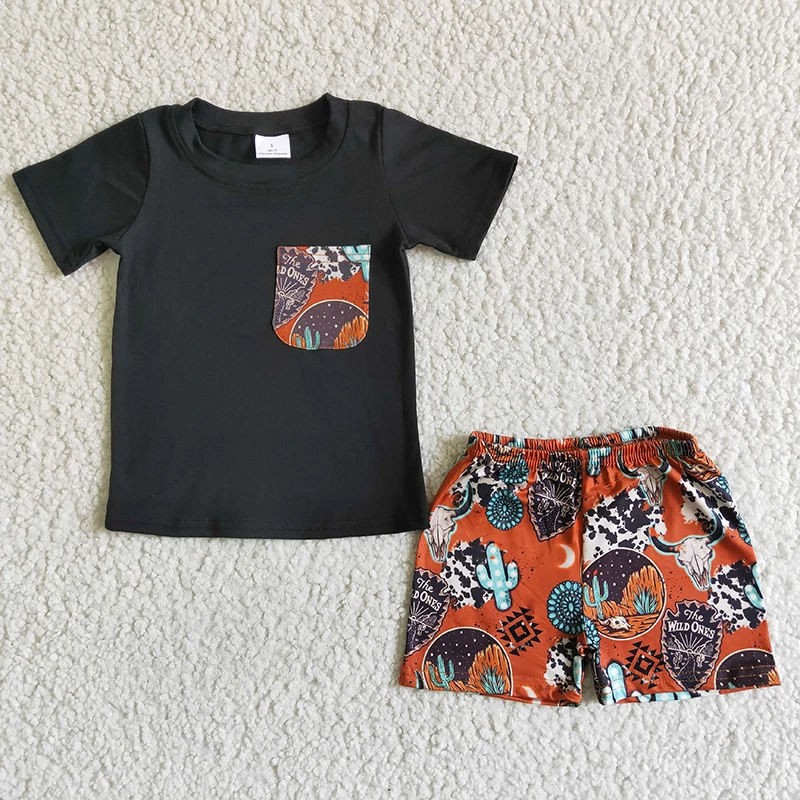 

Wholesale Western Cow Baby Boy Summer New Clothes Toddler Pocket Black Shirt Top Children Cactus Shorts Kids Infant Outfit Set