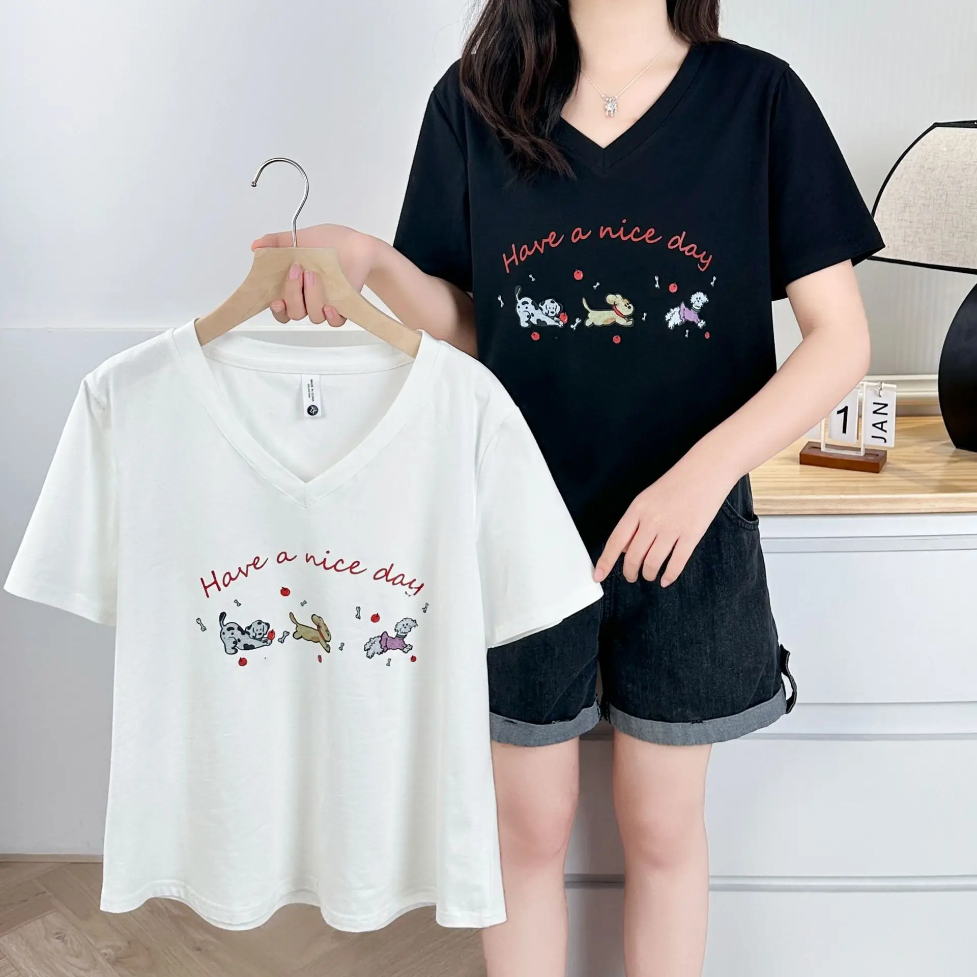 100KG Plus Size Women's Top Summer New V-neck Printed Letter Cartoon Short Sleeve Tops 6251