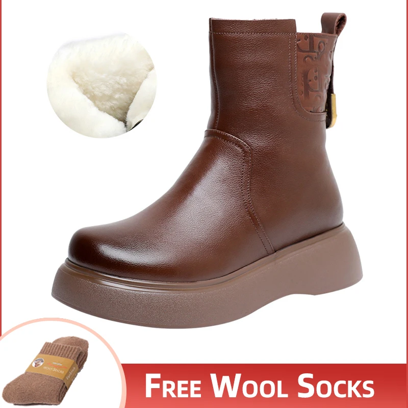 

2023 New Women Snow Boots Zipper Design Genuine Leather Natural Wool Fur Platform Mid Calf Boots for Women Winter Warm Shoes