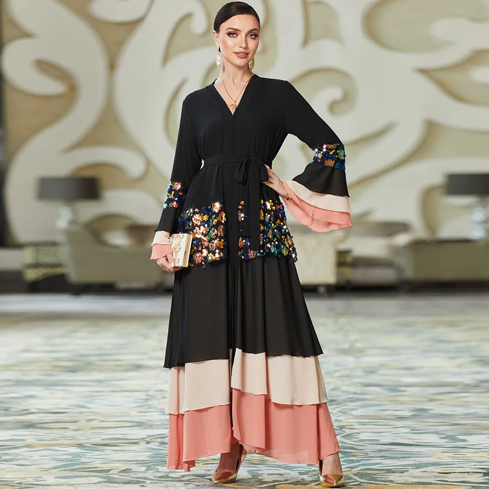 Patchwork Open Abayas For Women Dubai Turkey Islam Kaftan Robe Femme Sequins Cardigan Coat Ramadan Muslim Dress Islam Clothes