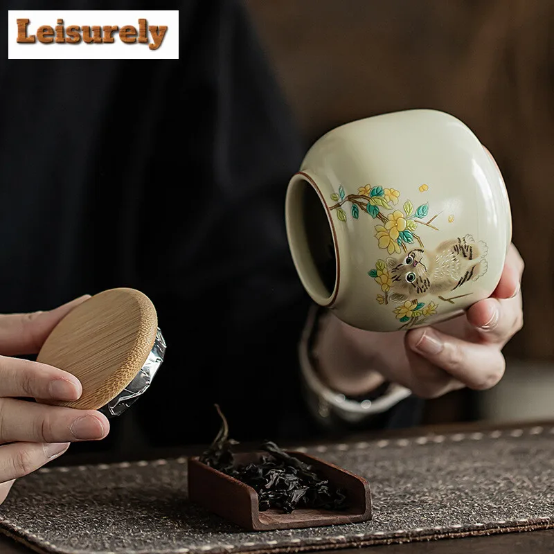 250ml Cream Ru Kiln Tea Box Organizer Portable Mini Moisture-proof Rabbit Storage Tank Containers Tea Caddy Teaset Decoration