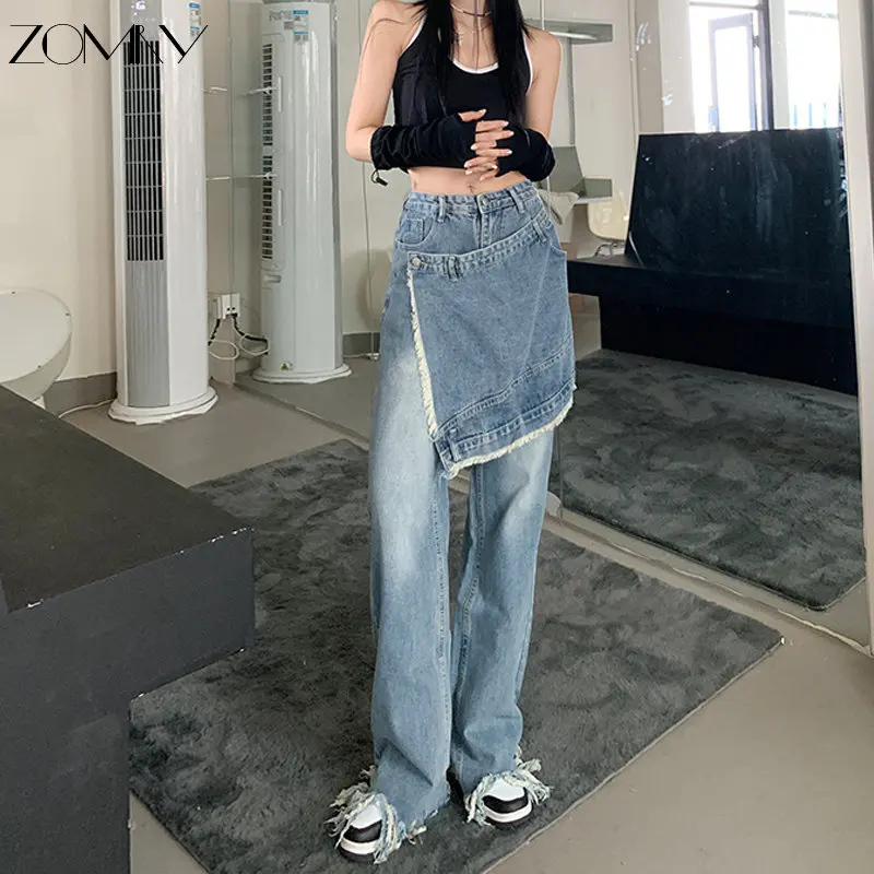 

ZOMRY Women's Clothing Mopping The Floor Irregular Tassels Straight Leg Loose Jeans Skirt Curtain Height Design Retro Street