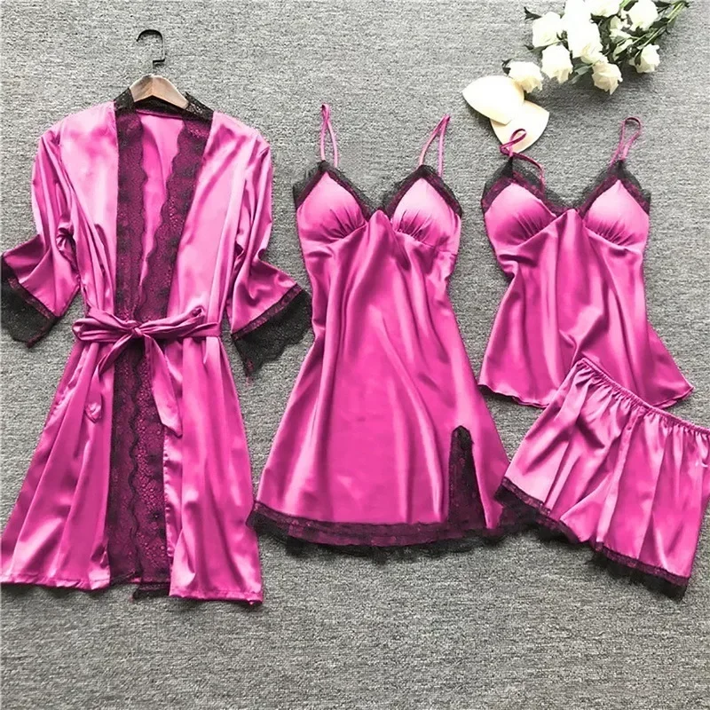2024 New Women Pajamas Sets Satin Sleepwear Silk 4 Pieces Nightwear Pyjama Strap Lace Sleep Lounge Pajama with Chest Pads Drop