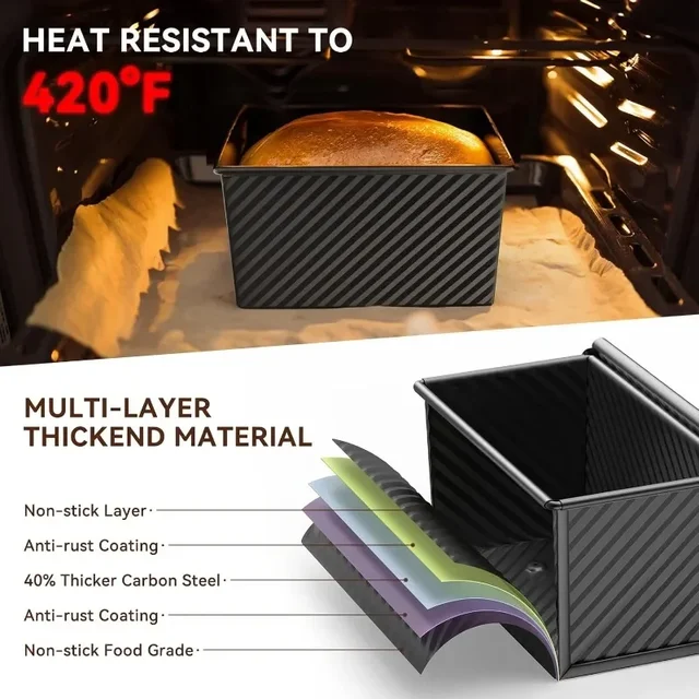 Rectangle Pullman Loaf Pan with Lid 1lb Non-Stick Bread Baking Pan Carbon Steel Corrugated Toast Box Toast Mold for Oven Baking 3
