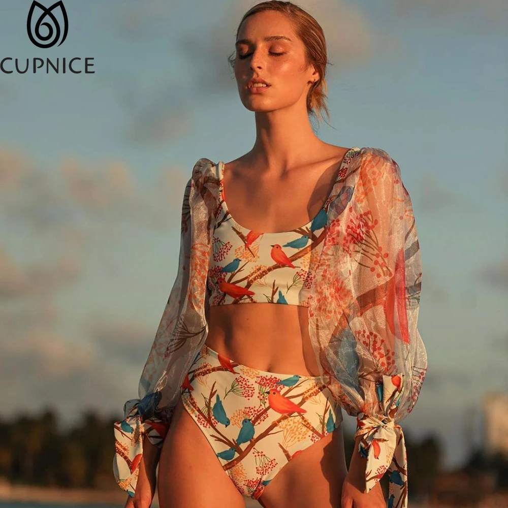 Long Sleeve Bikini Sets 2022 Women Bird Printed Mesh Scoop Neck Split Swimwear High Waist Cheeky Two Pieces Swimsuit |