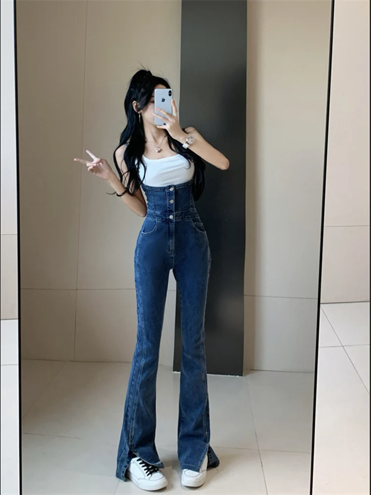 Slim Wide-Leg Flare Jeans Spaghetti Straps Single-breasted Denim Jumpsuit Fashionable High Street Autumn Women\'s Trousers