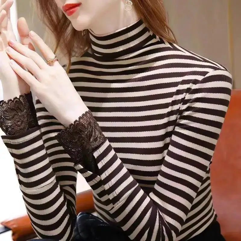 Women's Clothing Autumn and Winter New Oversize Versatile Fashion Half High Neck Long Sleeve Solid Color Plush Stripe Pullover