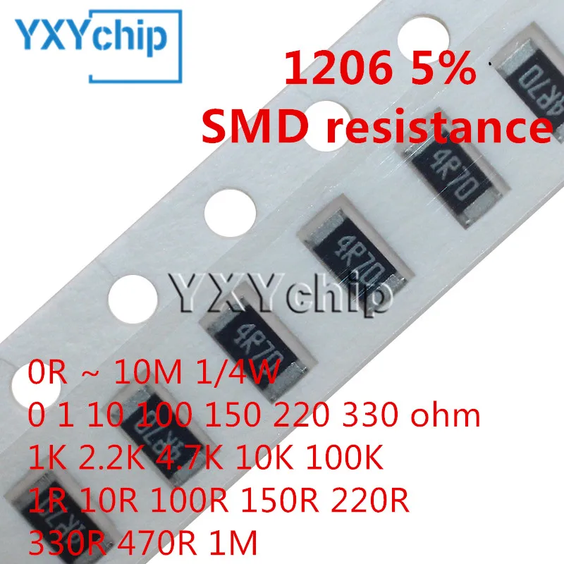 

100 шт. 1206 SMD резистор 0R ~ 10 м 1/4 Вт 0 1 10 5% 100 150 220 Ом 1K 330 K 2,2 K 10K 4,7 K 1R 10R 100R 150R 220R 330R 470R 1M