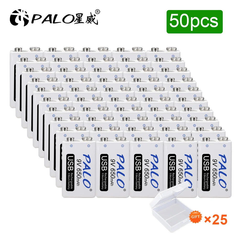 Palo 50Pcs Usb 9V Batteria Ricaricabile Al Litio 650Mah 9V Batterie Agli Ioni Di Litio Per Walkie Talkie Metal Detector Multimetro Batteria 9V