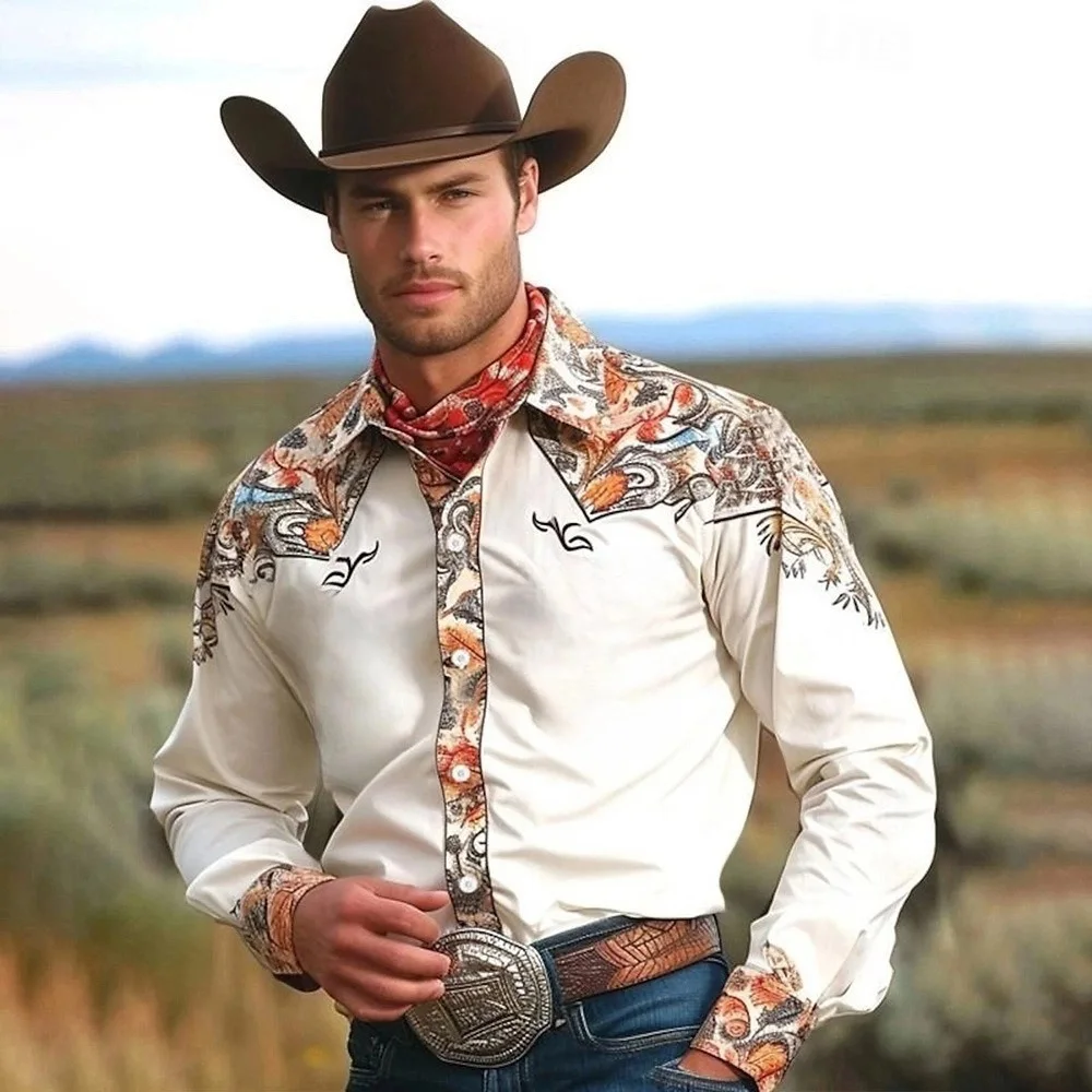 Men's Vintage Western Denim Long Sleeve Lapel Button Up Shirt