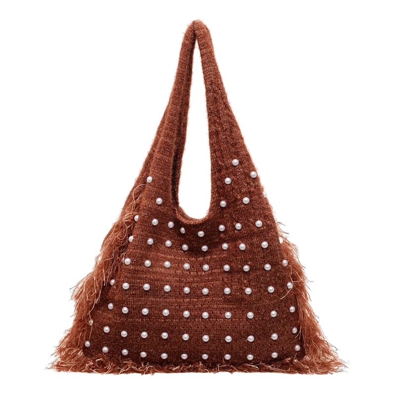 Women Knitted Fabric Boho Crochet Beach Bag with Imitation Pearl Hobo Handbag Crochet Underarm Bag for Daily Use